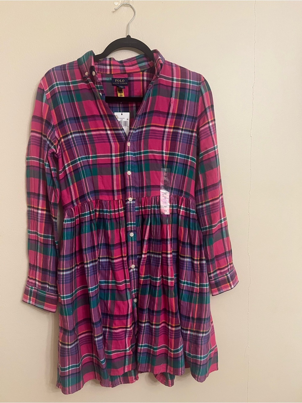 NWT Sz 16 Polo Ralph Lauren Pink & Green Plaid Button Dress